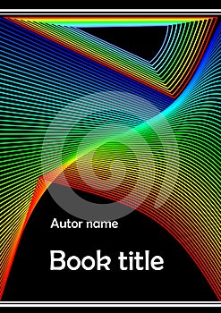 Modern book cover, poster, bill, flyer, paperback, textbook template with abstract rainbow line decoration on black background.