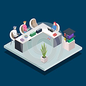 Modern book library isometric color vector illustration