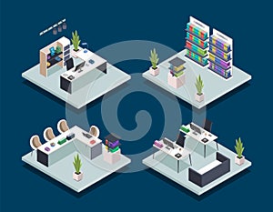 Modern book library isometric color vector illustrations set