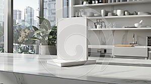 A modern book mockup displayed on a sleek kitchen counter in a bright kitchen generated by AI