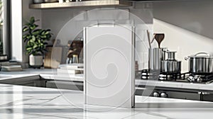 A modern book mockup displayed on a sleek kitchen counter in a bright kitchen generated by AI