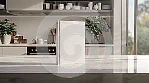 A modern book mockup displayed on a sleek kitchen counter in a bright kitchen generated by AI