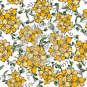 Modern botanical background. Hand drawn vector illustration. Folk flowers chamomile, daisy. Seamless floral pattern