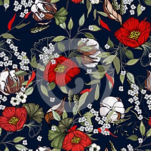 Modern botanical background. Hand drawn vector illustration. Folk flowers. Seamless floral cotton pattern