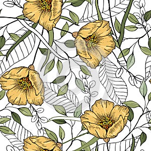 Modern botanical background. Hand drawn vector illustration. Folk flowers. Seamless floral pattern