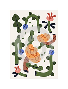 Modern botanical poster with floral plants of abstract shapes. Contemporary wall art with leaf in primitive style