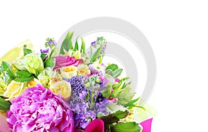 Modern bouquet of different flowers isolated on a white background, colorful bunch of flowers isolated