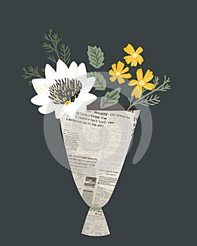 Modern bouquet with flowers in newspaper. Protea flower, cosmeas and green leaves. Greeting card illustration.
