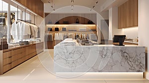 Modern boutique interior with elegant marble counter. stylish fashion store design, minimalist apparel shop