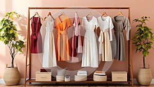 Modern boutique store with elegant clothing collection on wooden shelves generated by AI