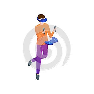Modern boy play action game in vr headset photo