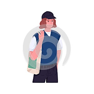 Modern boy portrait. Young guy student in cap with tote bag. Teenager in casual clothes. Schoolchild in trendy stylish