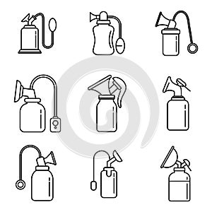 Modern breast pump icons set, outline style