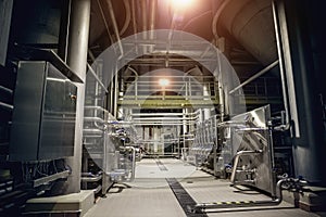 Modern brewery factory interior.Steel tanks or vats for filtration beer, pipe lines and other equipment tool in plant workshop