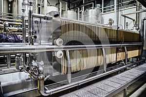 Modern brewery interior. Equipment of beer production line