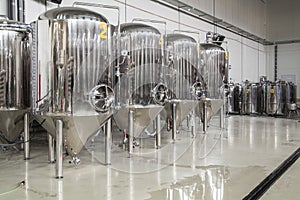 Modern brewery with stainless steel tanks