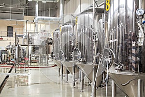 Modern brewery with stainless steel tanks
