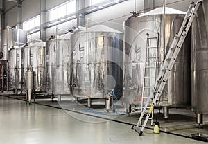 Modern brewery with stainless steel tanks