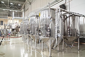 Modern brewery with stainless steel tanks