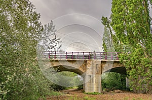 Modern bridge in the middle of the green spring forest a gray afternoon of leaden sky.