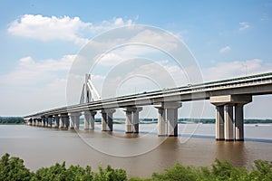 modern bridge with sleek design and state-of-the-art technology, spanning wide river