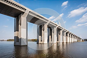 modern bridge, with towering columns and sleek design, spanning busy river