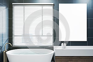 Modern bright bathroom interior with empty poster on tile wall and window with city view. 3D Rendering