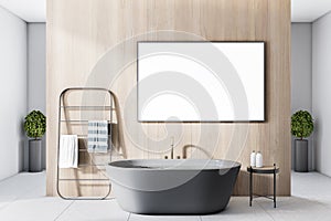 Modern bright bathroom interior with empty poster on wooden wall. 3D Rendering