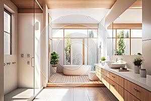 Modern Bright Bathroom White And Beige Colors - Generative AI