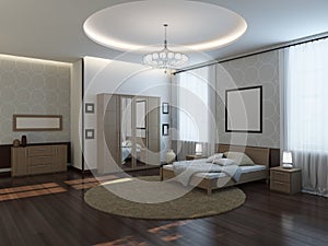 Modern Bright Bedroom Interior with Bed, Wardrobe with Mirror, Bedside Tables, Round Carpet, Dark Parquet Floor and Empty Frames o