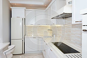 Modern, bright, clean kitchen interior in a luxury house. Interior design with classic or vintage elements. Practical