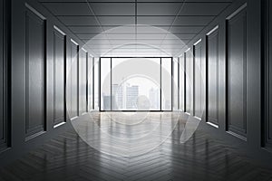 Modern bright corridor with window, bright city view and reflections on wooden floor.