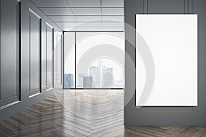 Modern bright corridor with window, bright city view and reflections on wooden floor. Mock up poster on wall.