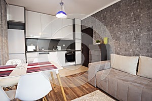 Modern bright and cozy living room interior design with sofa, dining table and kitchen. Grey and white studio apartment