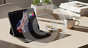 Creative Workspace: Tablet, Coffee, and Sunlight