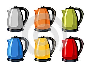 Modern, bright green, orange, silver, blue, red, yellow Kettles, electric teapots isolated cartoon flat set icons.