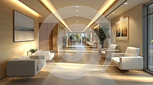 Modern, bright hallway with seating and artwork