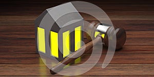 Modern bright house and wooden gavel background. 3d illustration