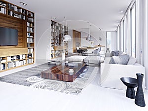 Modern bright interior in contemporary living room with corner sofa bookshelf and kitchen with dining area