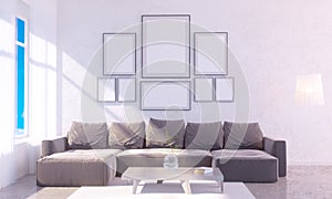 Modern bright interior with empty frame . 3D rendering 3D illustration room, scandinavian, sofa, space, up, wall, white