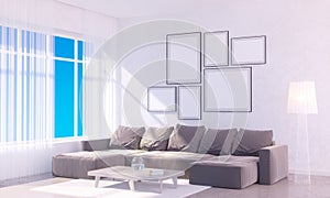 Modern bright interior with empty frame . 3D rendering 3D illustration room, scandinavian, sofa, space, up, wall, white