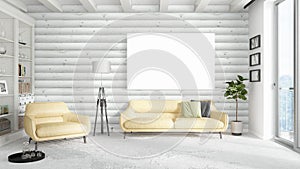 Modern bright interior with empty frame . 3D rendering