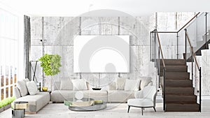 Modern bright interior with empty frame . 3D rendering photo