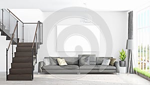 Modern bright interior with empty frame . 3D rendering photo