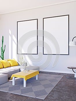 Modern bright interior with empty frame . 3D rendering 3D illustration