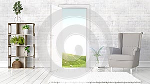 Modern bright interior with open door . 3D rendering