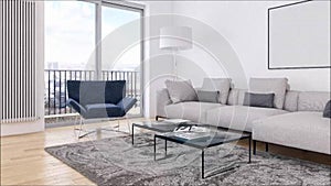 Modern bright interiors apartment Living room with sofa 3D rendering illustration