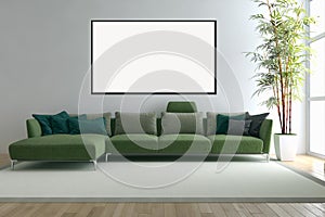 Modern bright interiors apartment with mockup poster frame 3D re