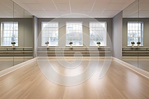 modern bright interiors empty room 3D rendering illustration computer generated image, A dance studio with a sleek barre and wide