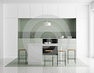 Modern bright kitchen interior. Minimalistic kitchen design with bar and stools. 3D illustration